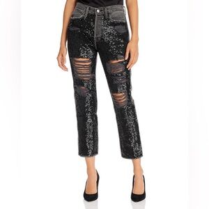 Frame Sequin Front Ripped Ankle Straight Leg Jeans